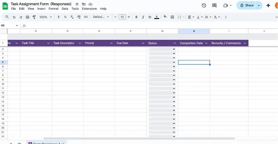 Adding new columns for Status, Completion Date, and Remarks in Google Sheets task tracker