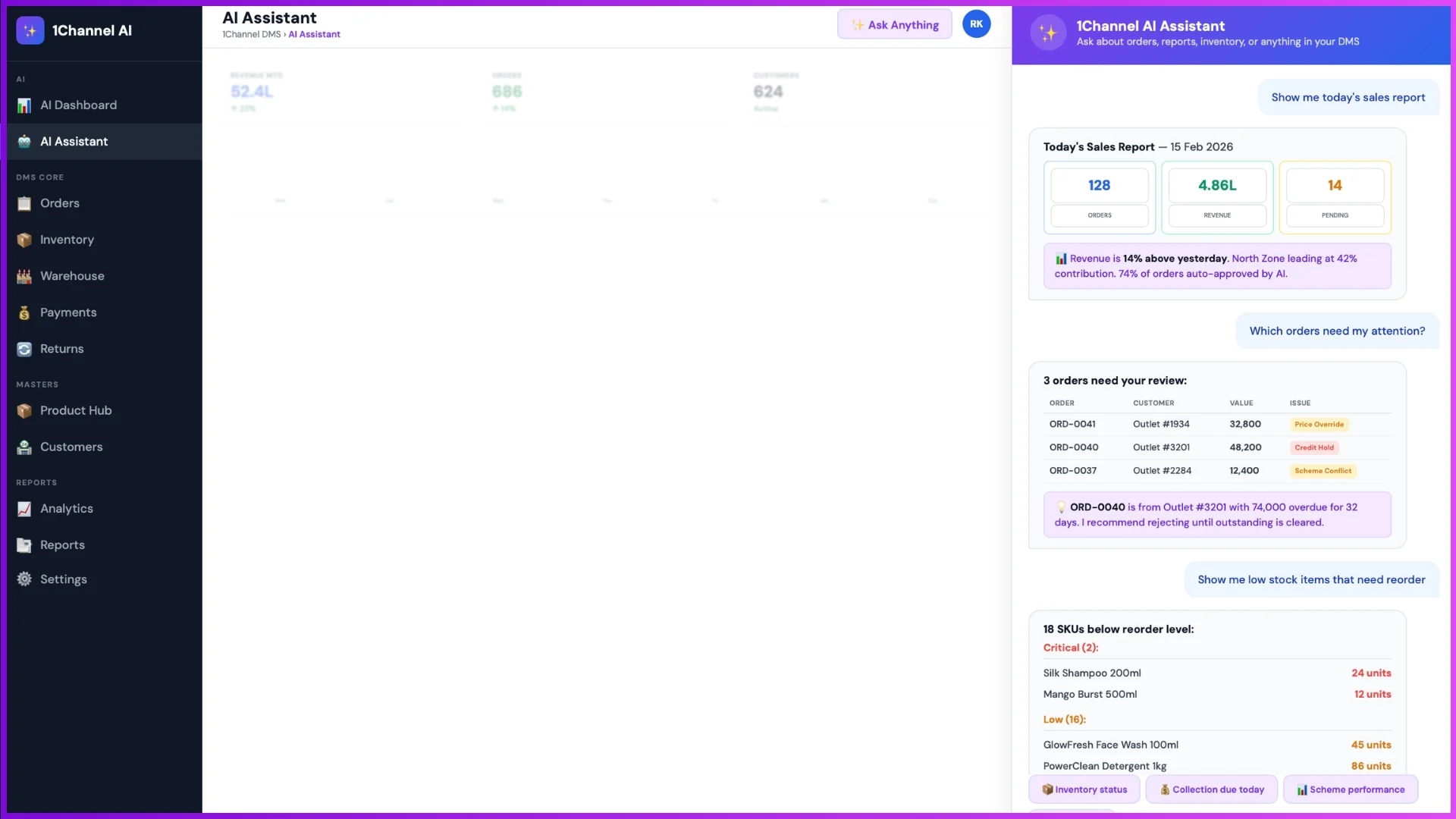AI assistant integrated with distributor management system providing order reports and business insights