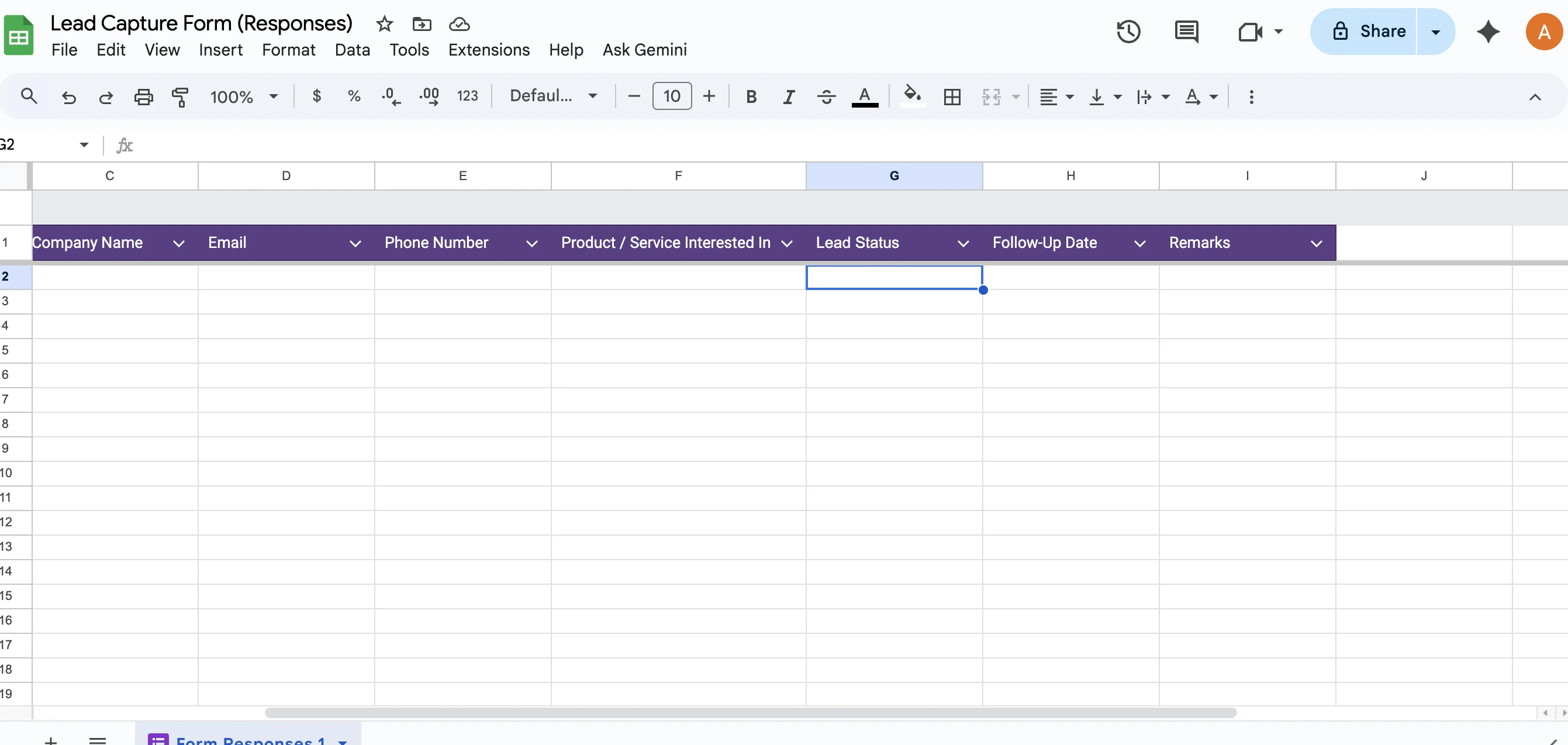 Adding status and follow-up columns in Google Sheets lead tracker