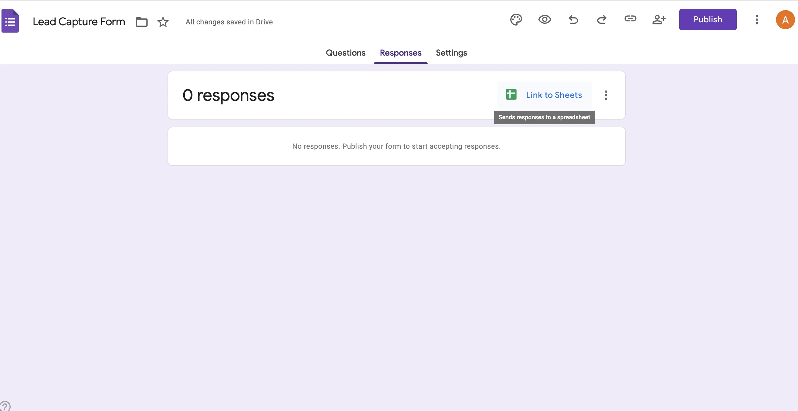 Click on the link to sheets button in Google Forms
