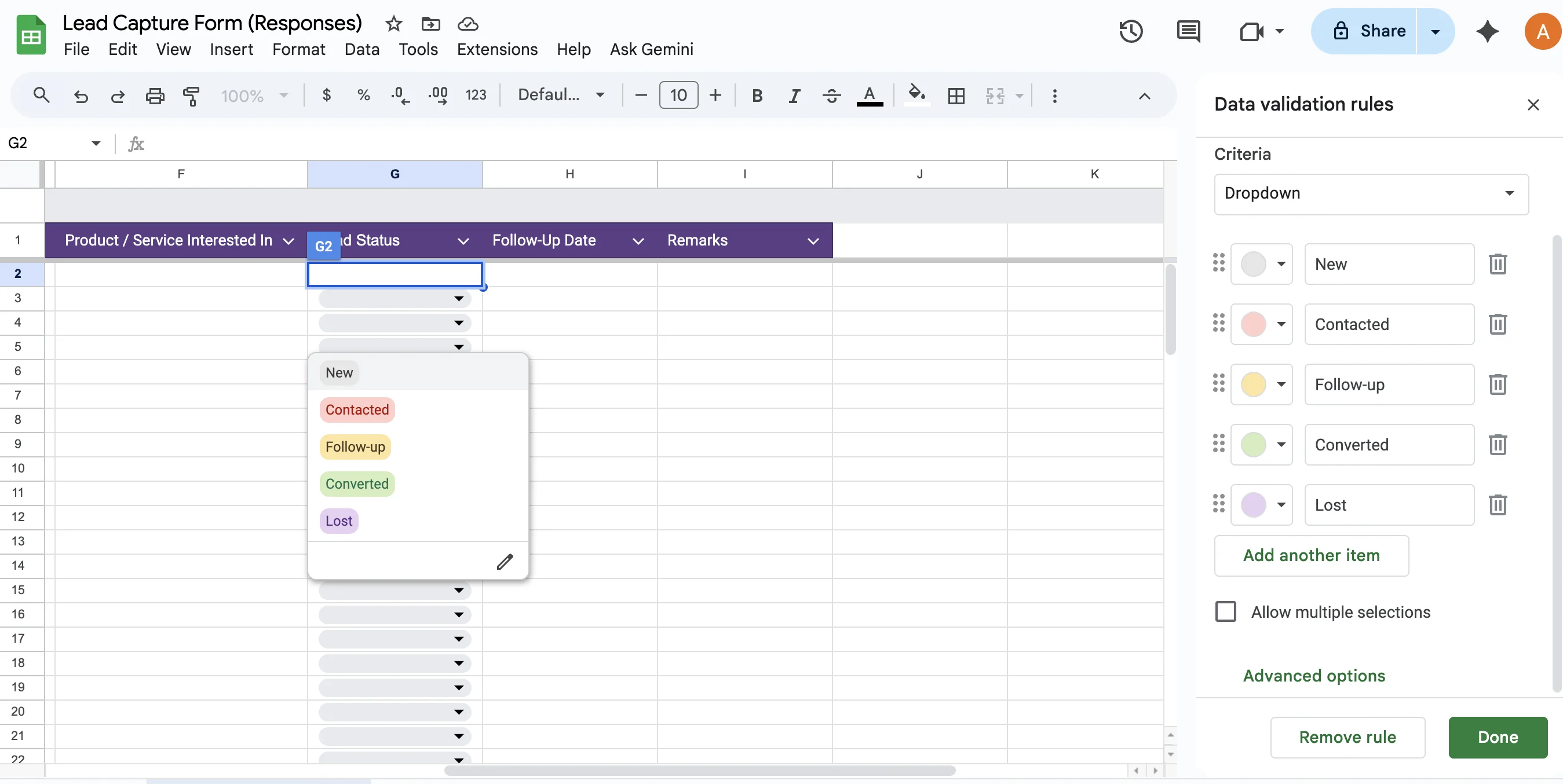 Setting up data validation for lead status dropdown in Google Sheets
