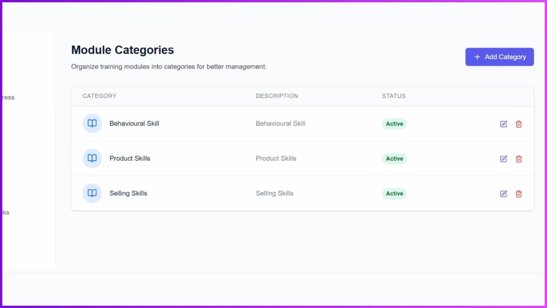 Sales Team LMS Modules dashboard screen