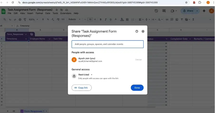 Sharing Google Sheets project management tracker with team members