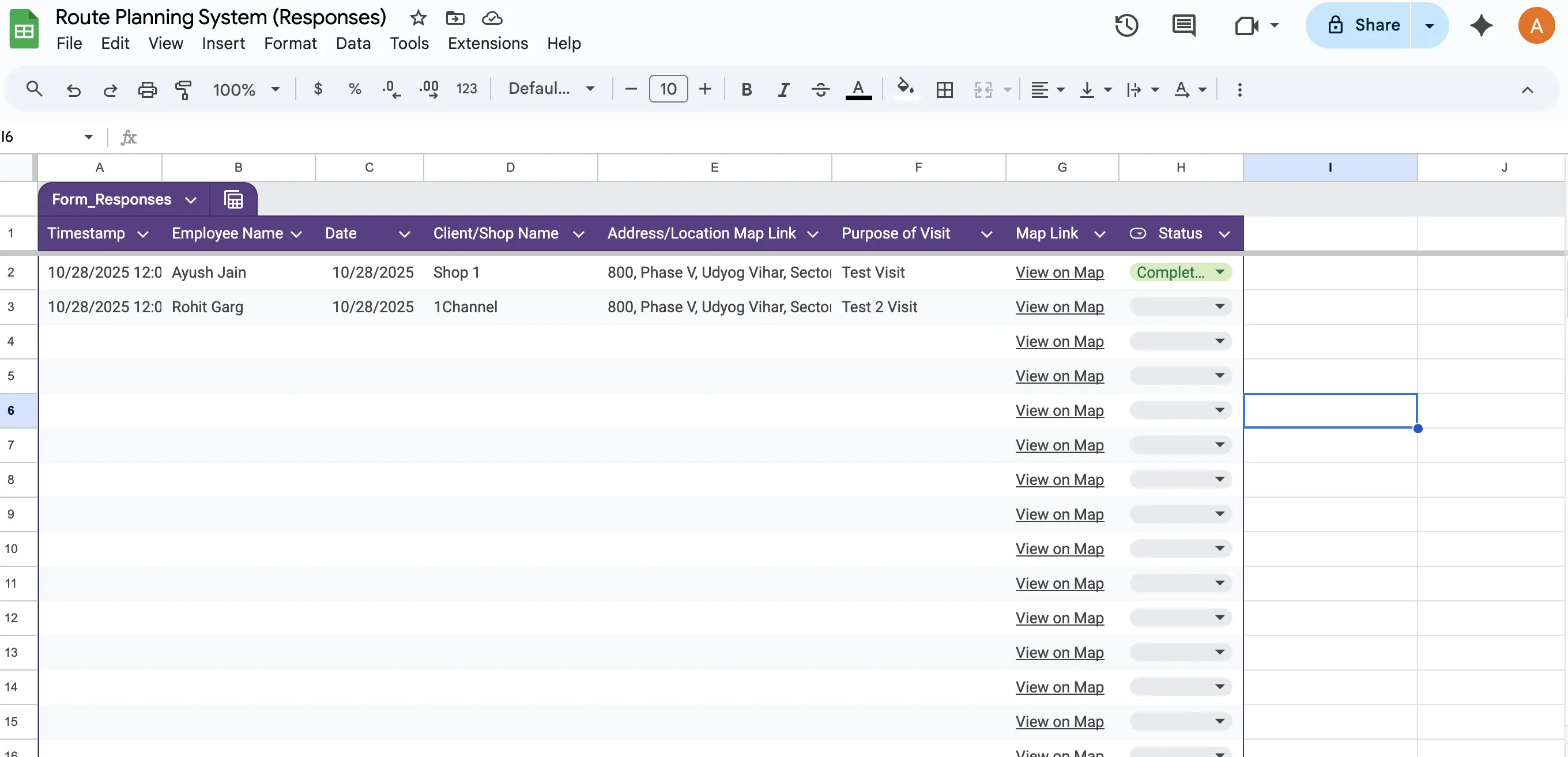 Testing the free Google Forms and Sheets route planning system with sample employee visit data