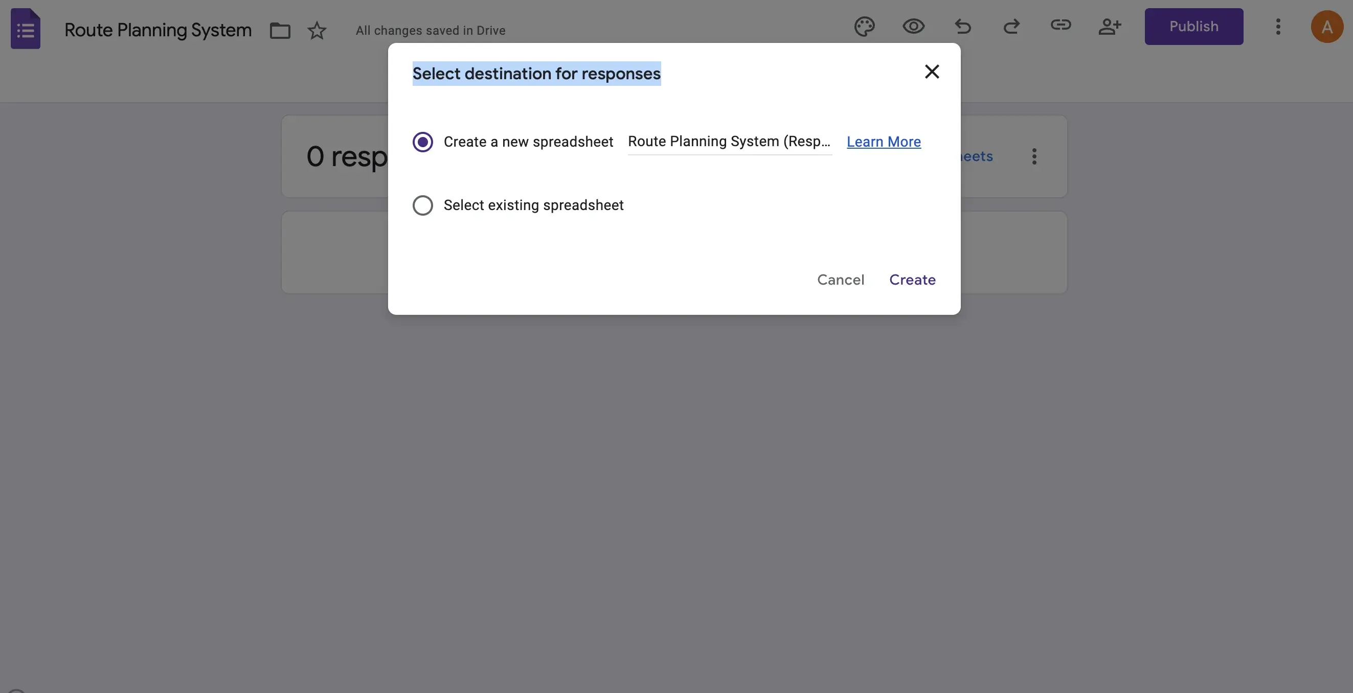 Selecting Create a New Spreadsheet option in Google Forms to connect responses to Google Sheets