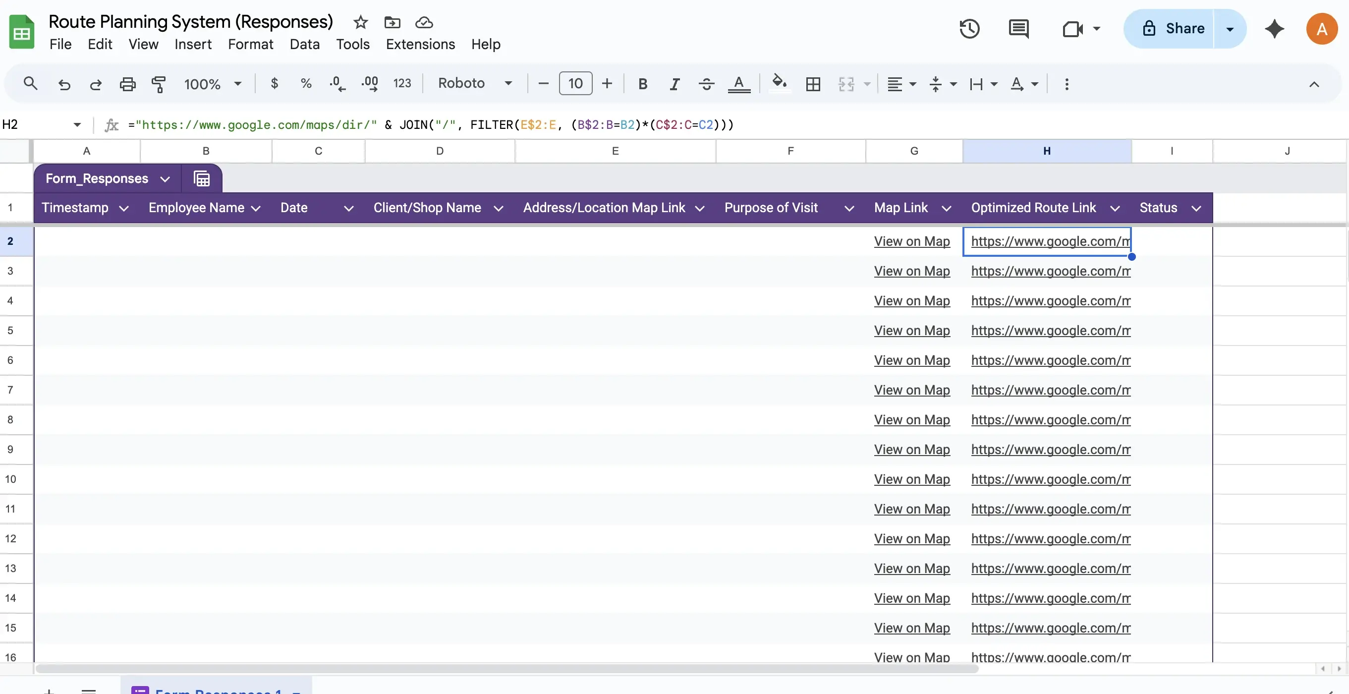 Using JOIN and FILTER formula in Google Sheets to generate optimized Google Maps route link automatically