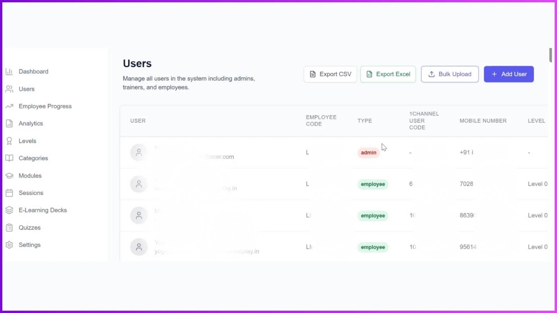 Users Management Dashboard in LMS for Sales Teams