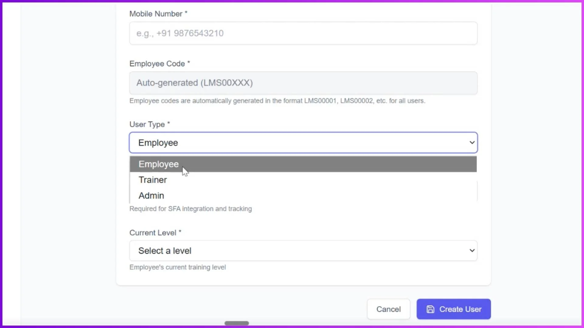 Users Management Selection in LMS for Sales Teams
