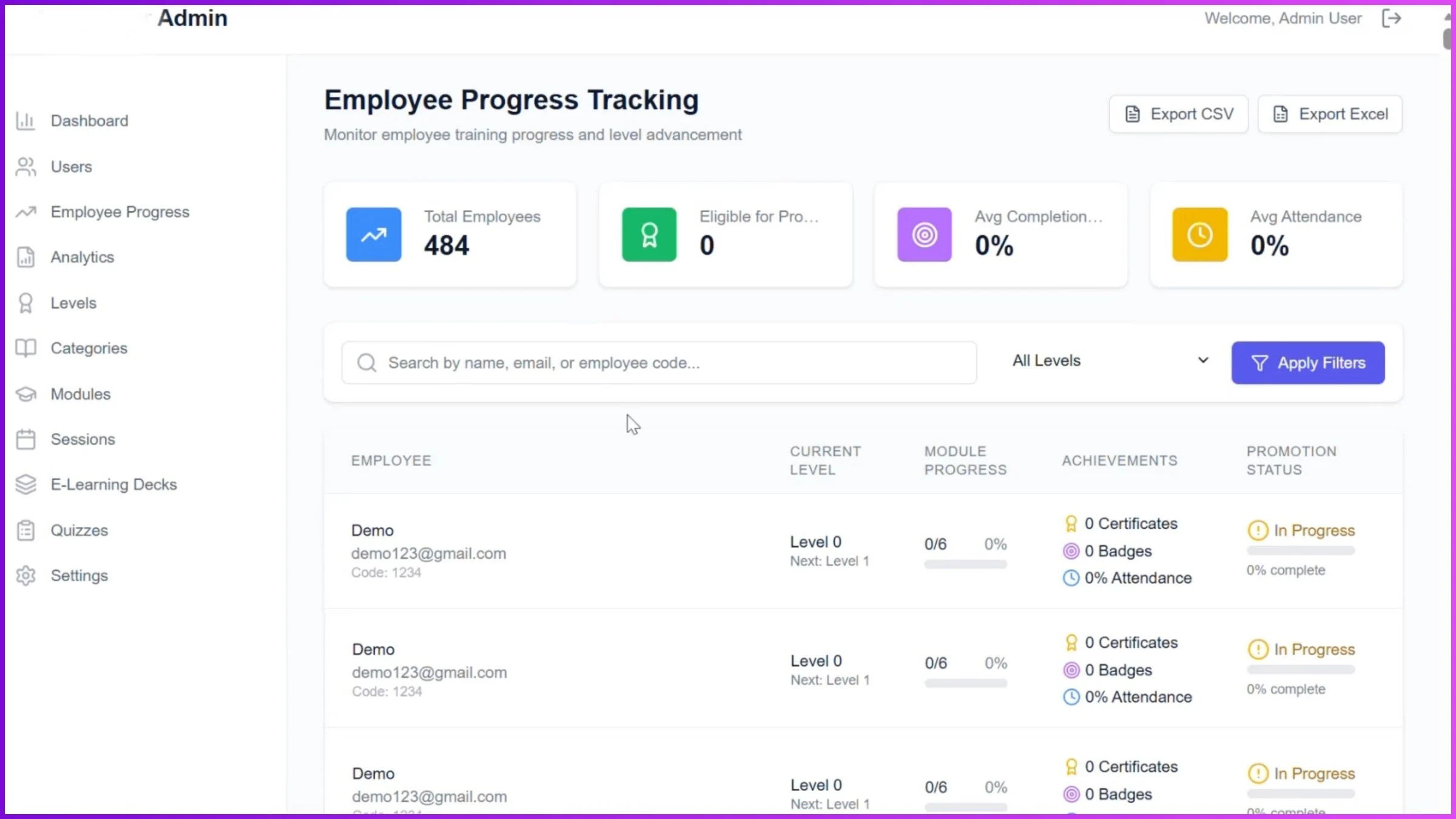LMS for sales team admin dashboard with performance analytics and user management