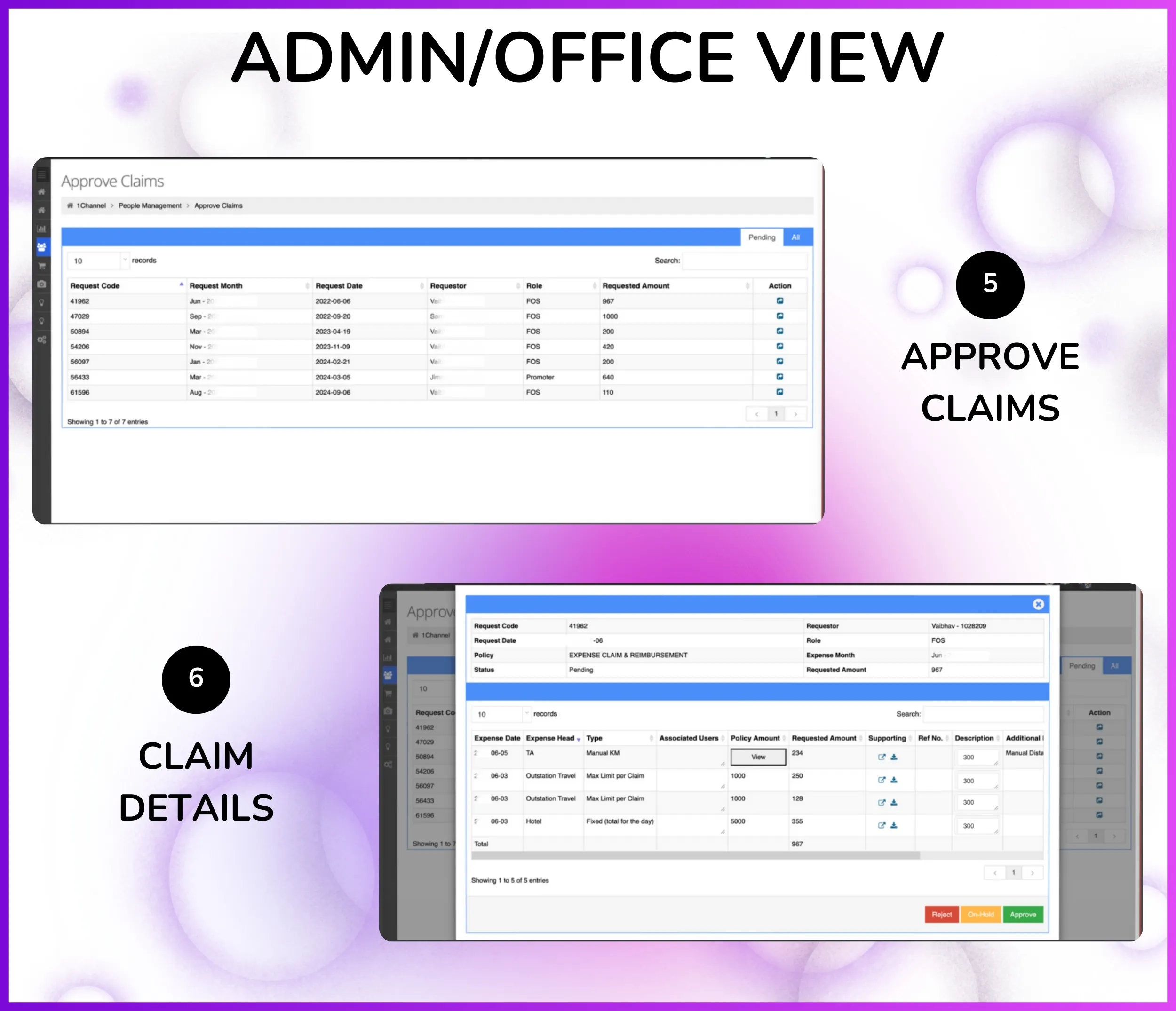 Expense approval dashboard showing claim requests with requestor, amount, and approval actions